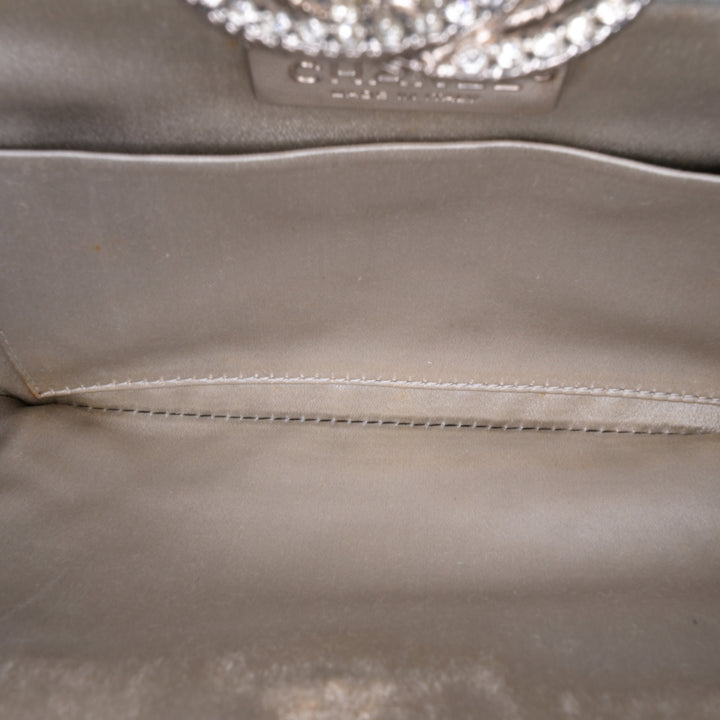Metallic Satin Crystal Camellia Evening Frame Clutch Silver - Gaby Paris