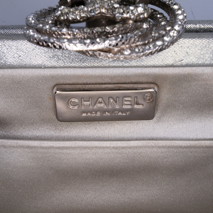 Metallic Satin Crystal Camellia Evening Frame Clutch Silver - Gaby Paris