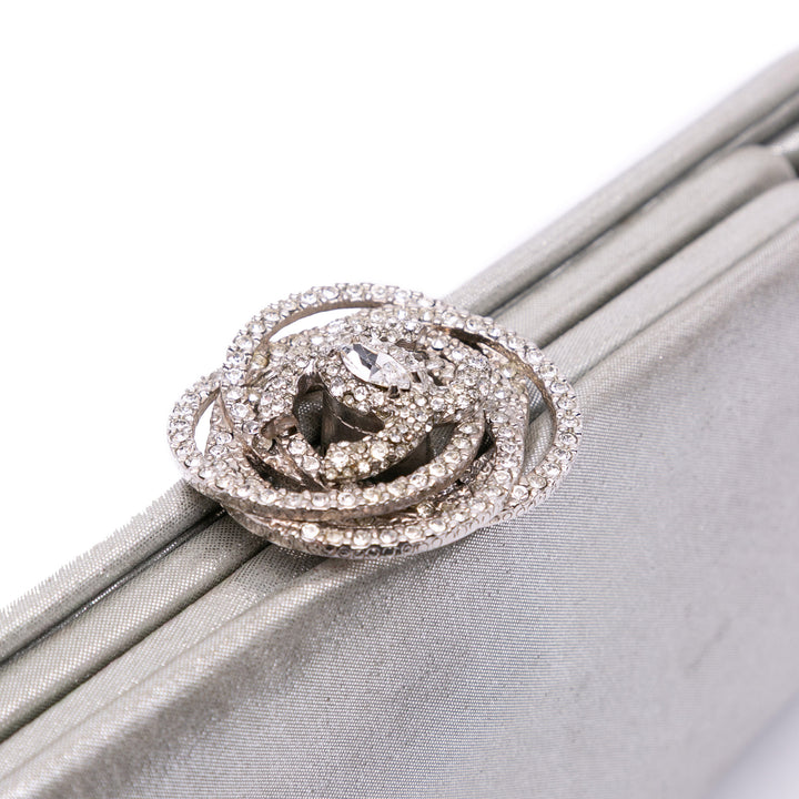 Metallic Satin Crystal Camellia Evening Frame Clutch Silver - Gaby Paris