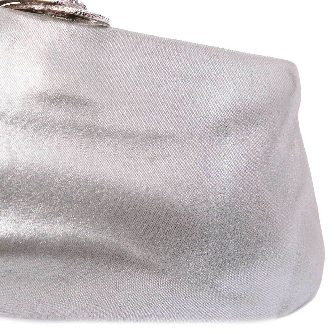 Metallic Satin Crystal Camellia Evening Frame Clutch Silver - Gaby Paris
