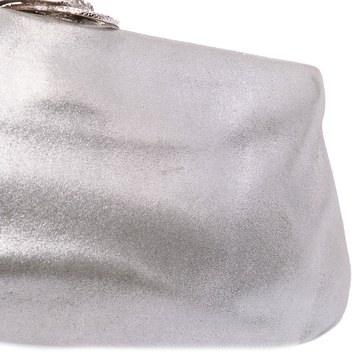 Metallic Satin Crystal Camellia Evening Frame Clutch Silver - Gaby Paris