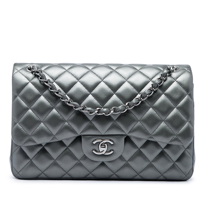 Classic Métallisé Double rabat Jumbo Cuir d'agneau Gris