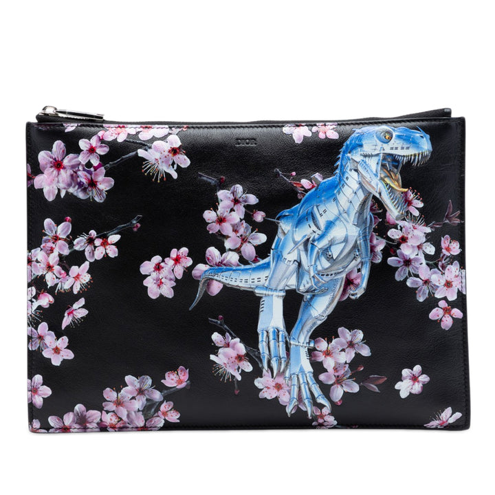 Dior Hajime Sorayama Cuir de veau Cherry Blossom Dinosaur Print Zip Pochette