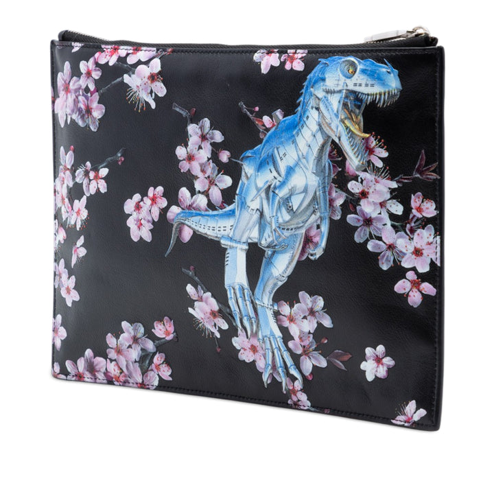 Dior Hajime Sorayama Cuir de veau Cherry Blossom Dinosaur Print Zip Pochette