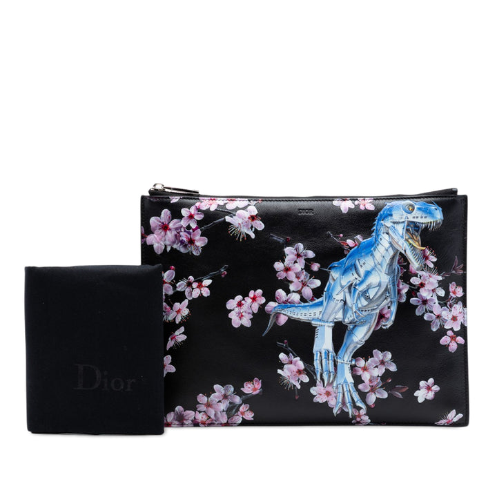 Dior Hajime Sorayama Cuir de veau Cherry Blossom Dinosaur Print Zip Pochette
