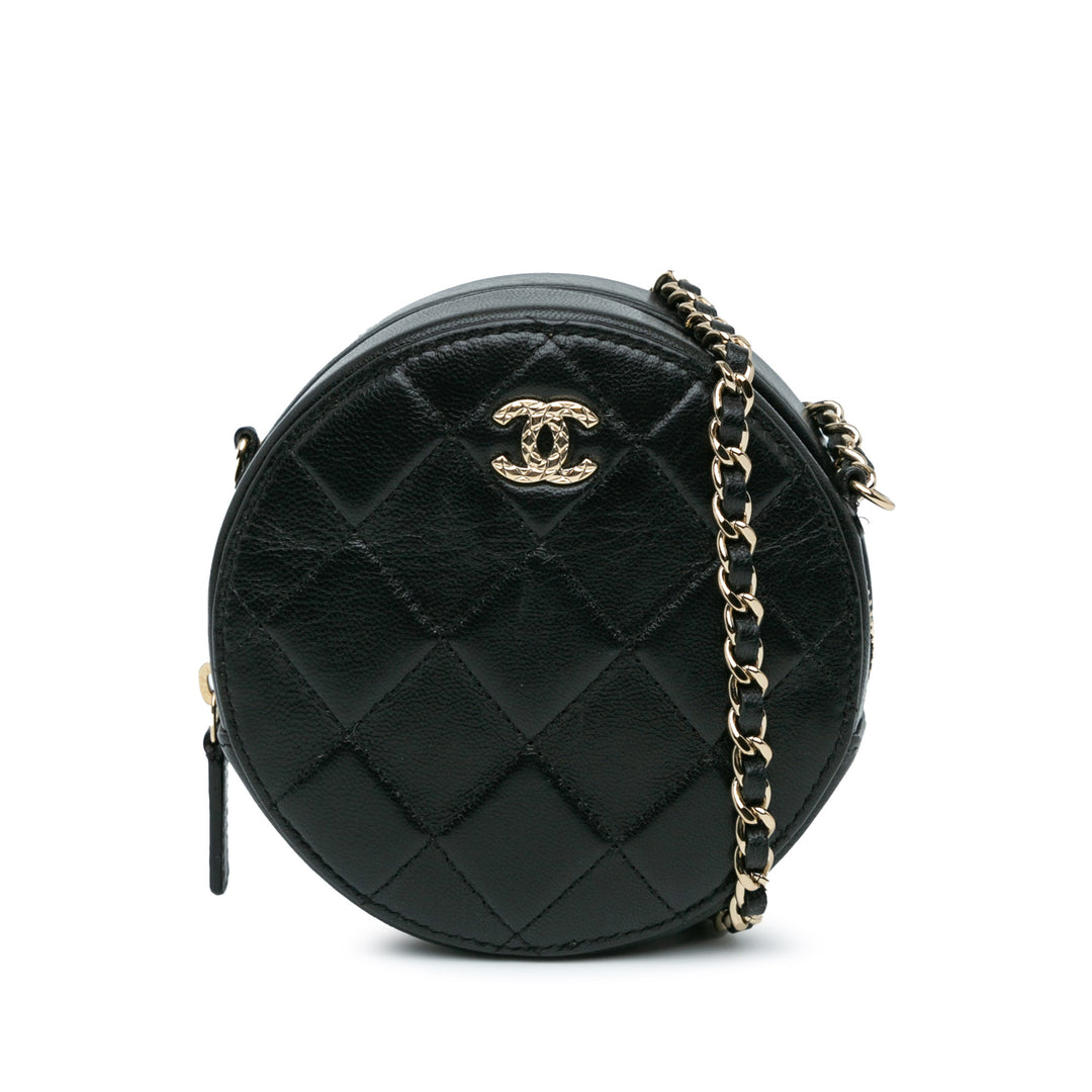 CC Quilted Lambskin Round Clutch with Chain Black - Gaby Paris