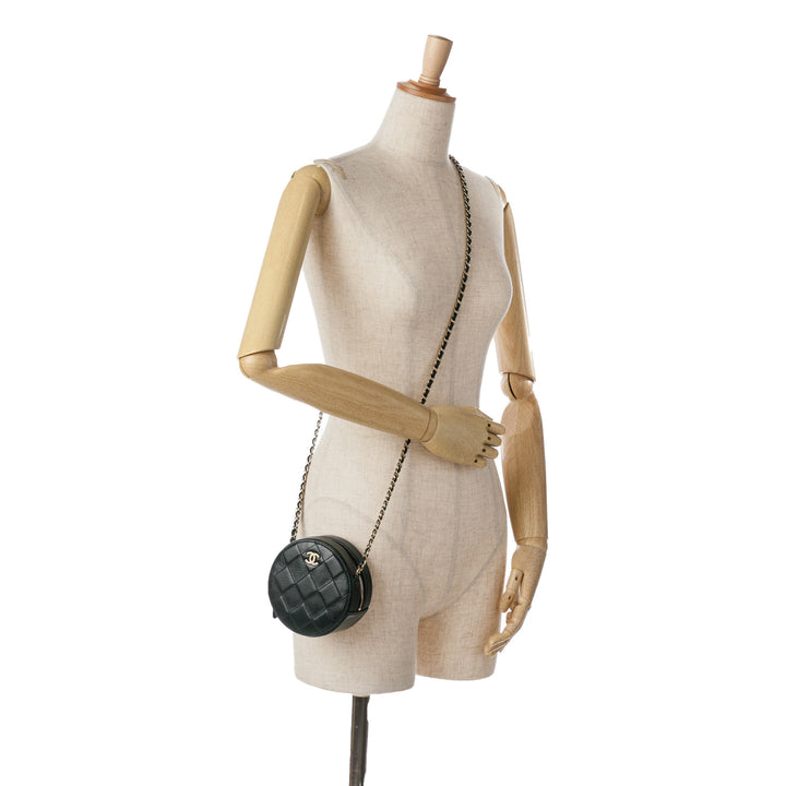 CC Quilted Lambskin Round Clutch with Chain Black - Gaby Paris