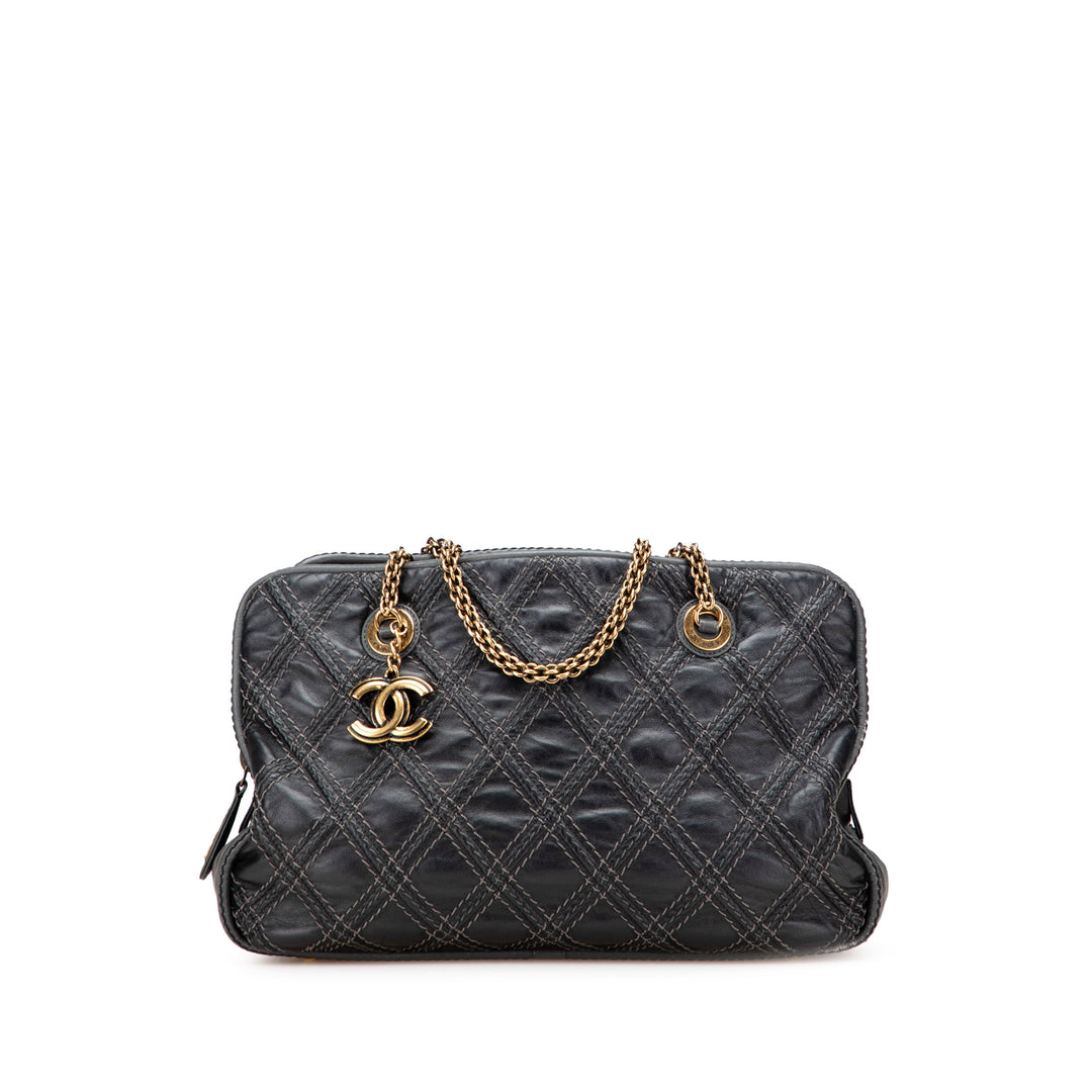 Quilted Calfskin Stitch Triptych Shoulder Bag Black - Gaby Paris