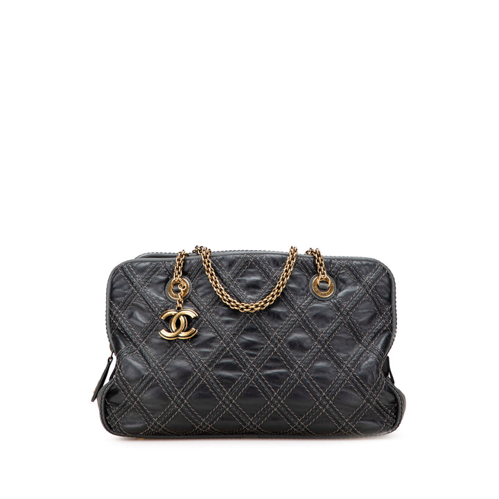 Quilted Calfskin Stitch Triptych Shoulder Bag Black - Gaby Paris