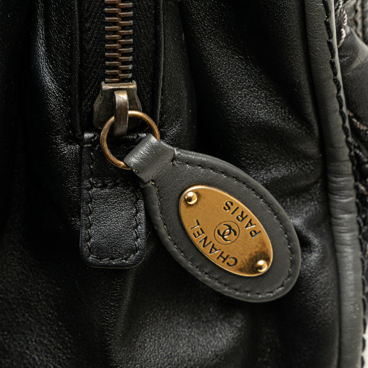 Quilted Calfskin Stitch Triptych Shoulder Bag Black - Gaby Paris