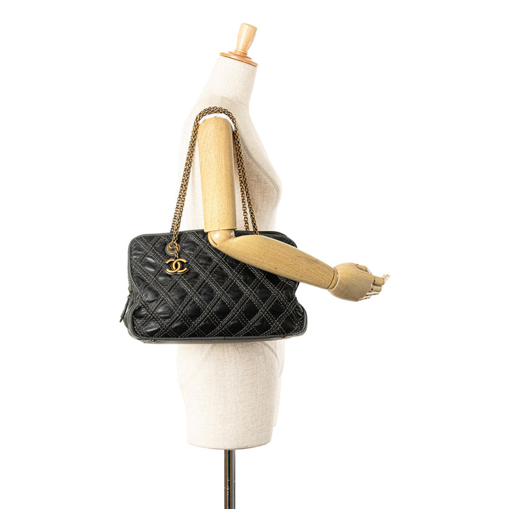 Quilted Calfskin Stitch Triptych Shoulder Bag Black - Gaby Paris