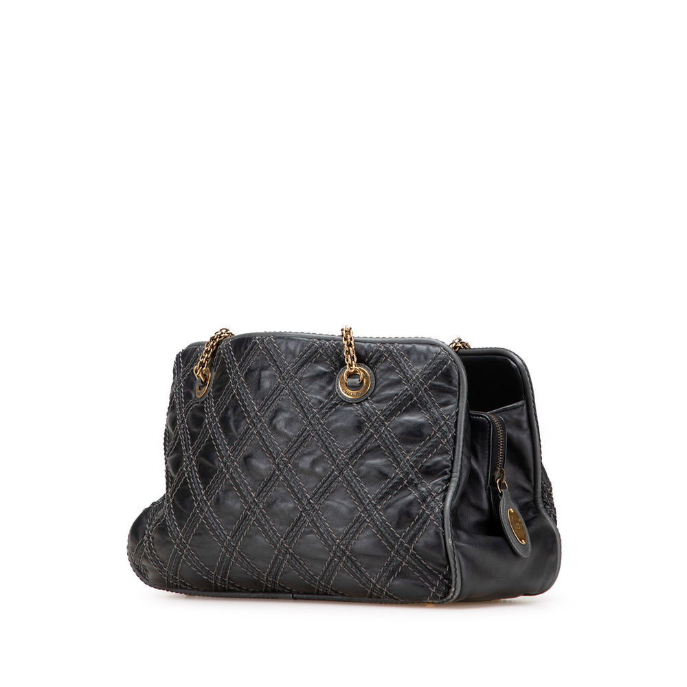 Quilted Calfskin Stitch Triptych Shoulder Bag Black - Gaby Paris