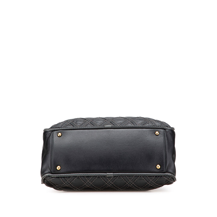 Quilted Calfskin Stitch Triptych Shoulder Bag Black - Gaby Paris