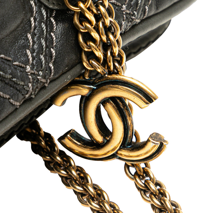 Quilted Calfskin Stitch Triptych Shoulder Bag Black - Gaby Paris