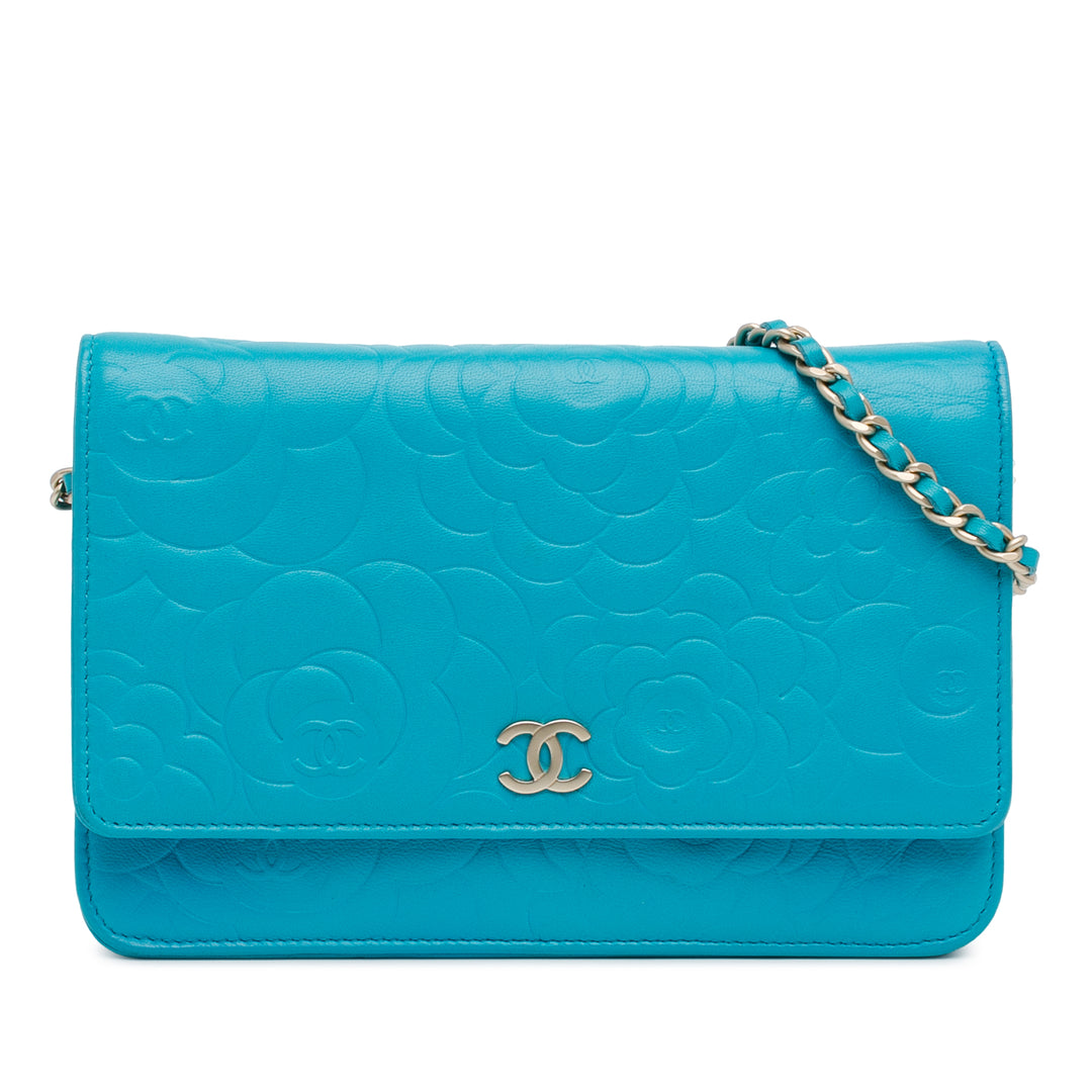 Lambskin Camellia Embossed Wallet On Chain Blue - Gaby Paris