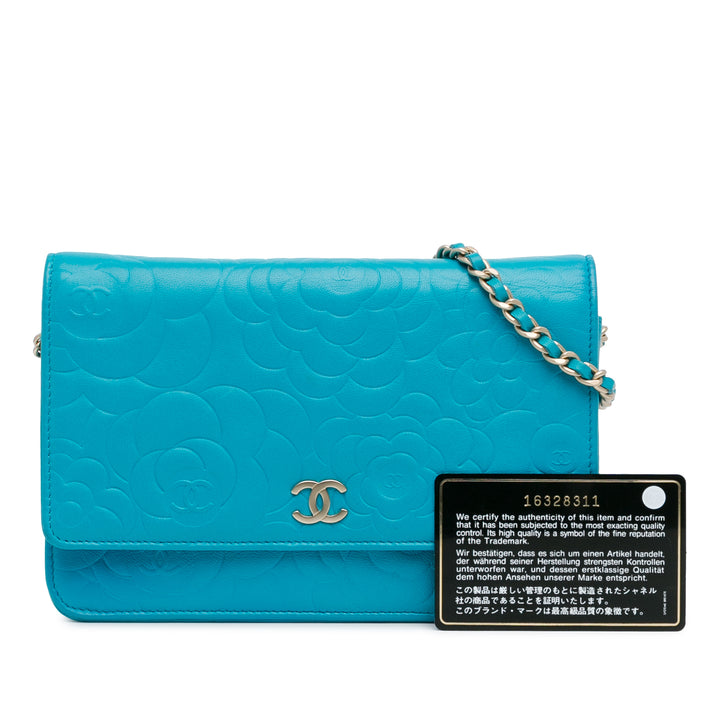 Lambskin Camellia Embossed Wallet On Chain Blue - Gaby Paris