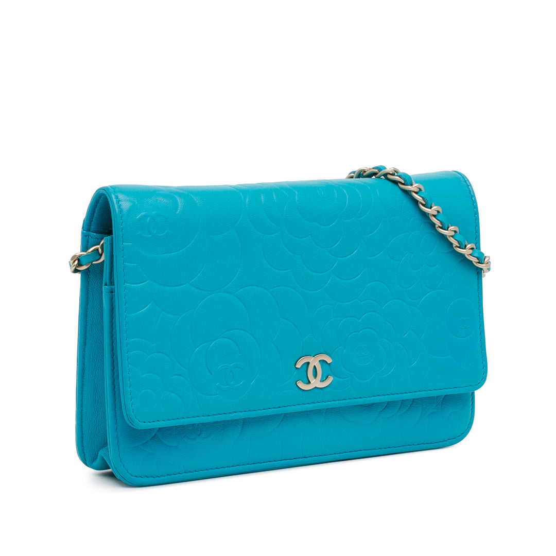 Lambskin Camellia Embossed Wallet On Chain Blue - Gaby Paris