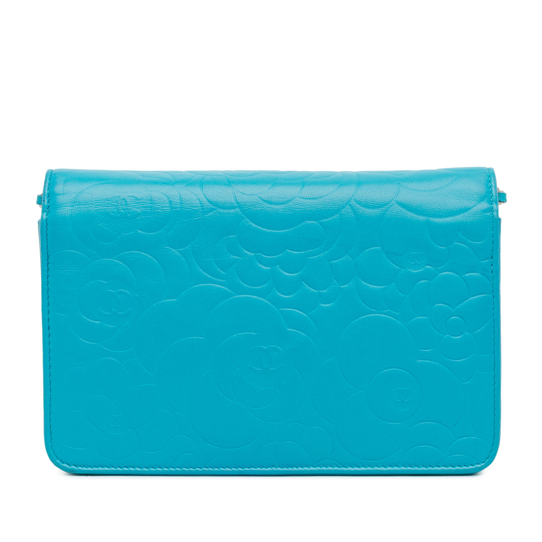 Lambskin Camellia Embossed Wallet On Chain Blue - Gaby Paris