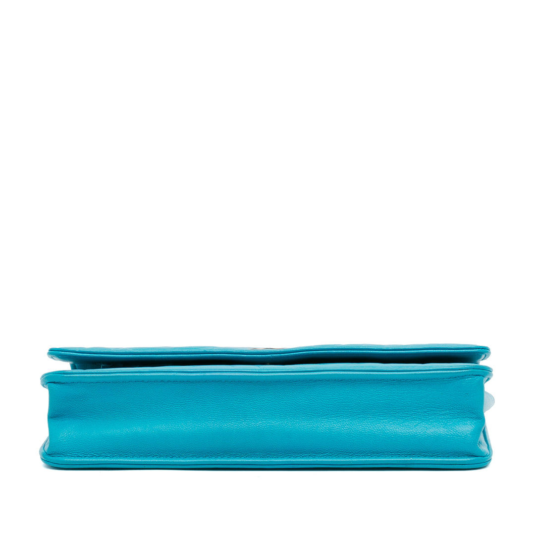 Lambskin Camellia Embossed Wallet On Chain Blue - Gaby Paris