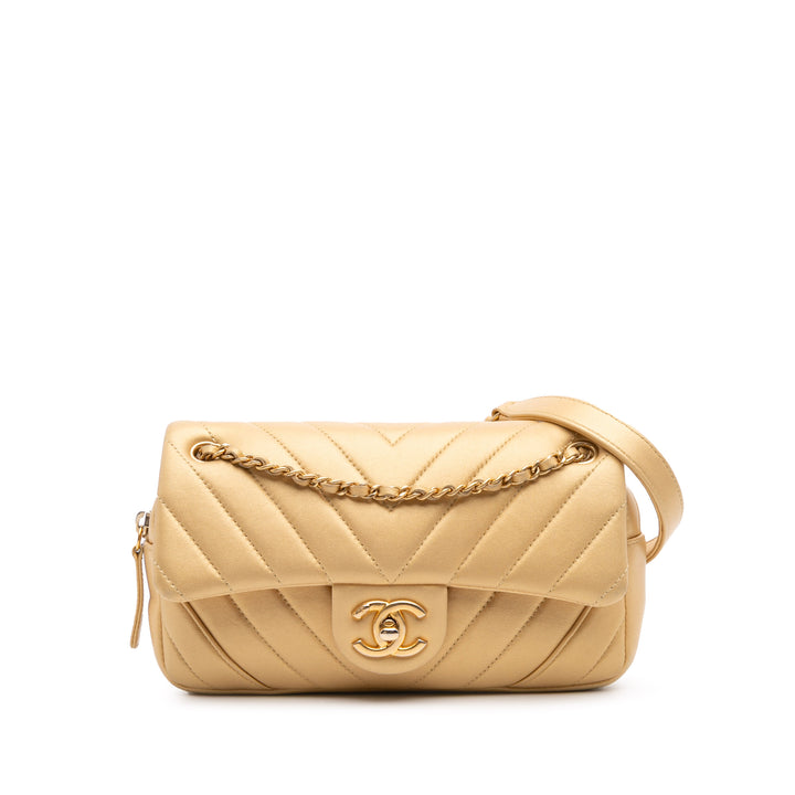 Mini Quilted Chevron Lambskin Camera Case Flap Gold - Gaby Paris