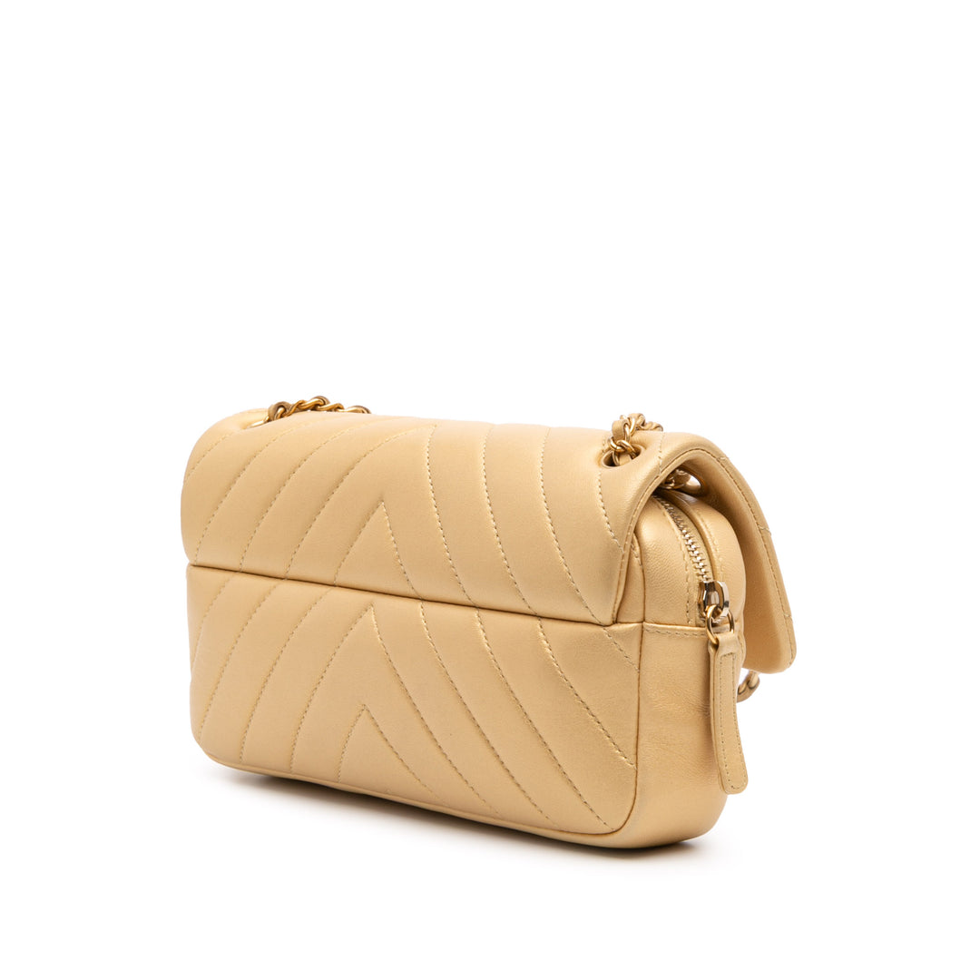 Mini Quilted Chevron Lambskin Camera Case Flap Gold - Gaby Paris