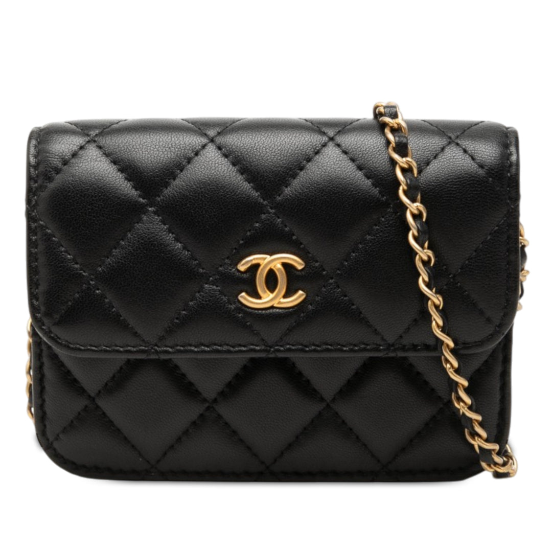 CC Matelassé Perle Crush Pochette avec chaîne Mini Cuir d'agneau Noir