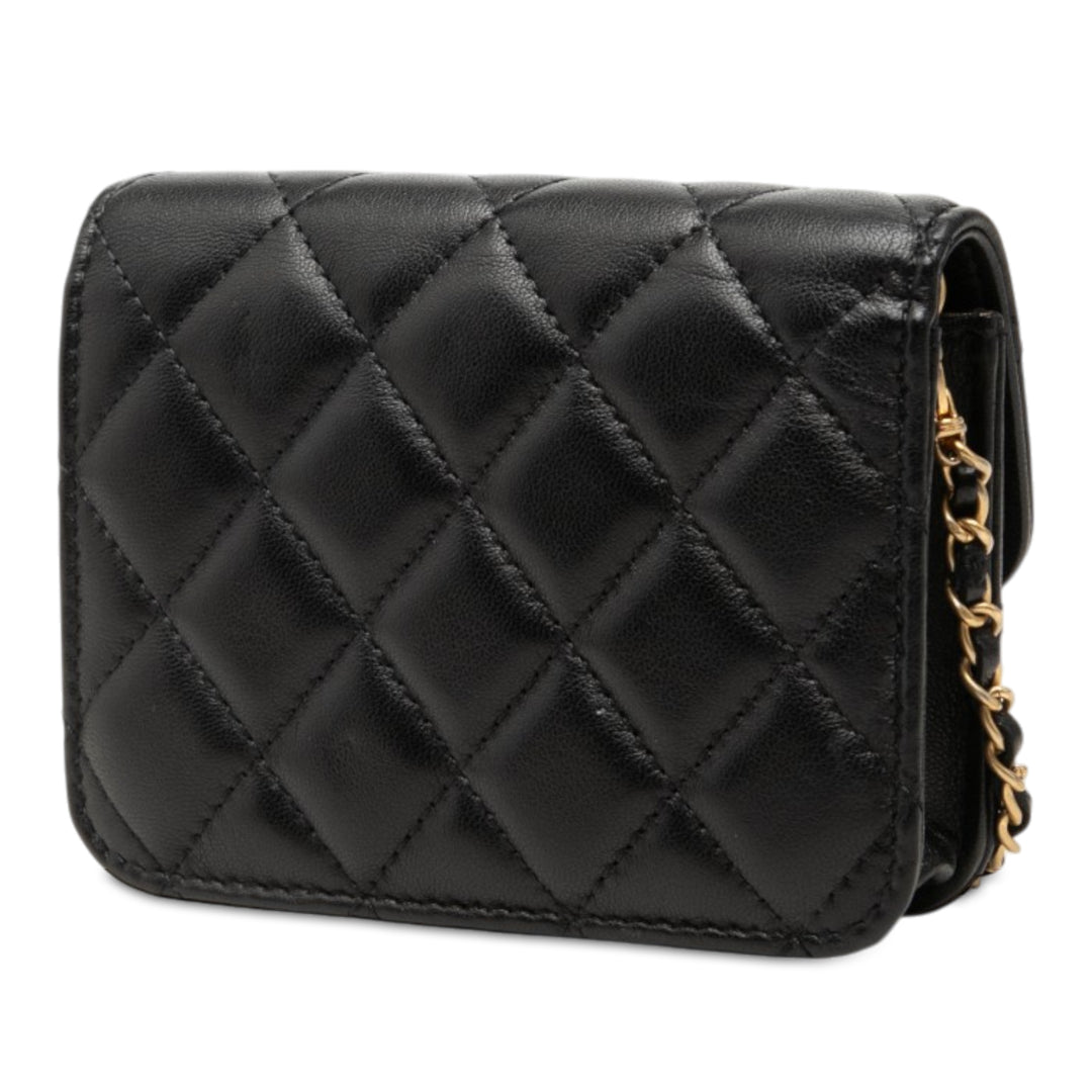 CC Matelassé Perle Crush Pochette avec chaîne Mini Cuir d'agneau Noir