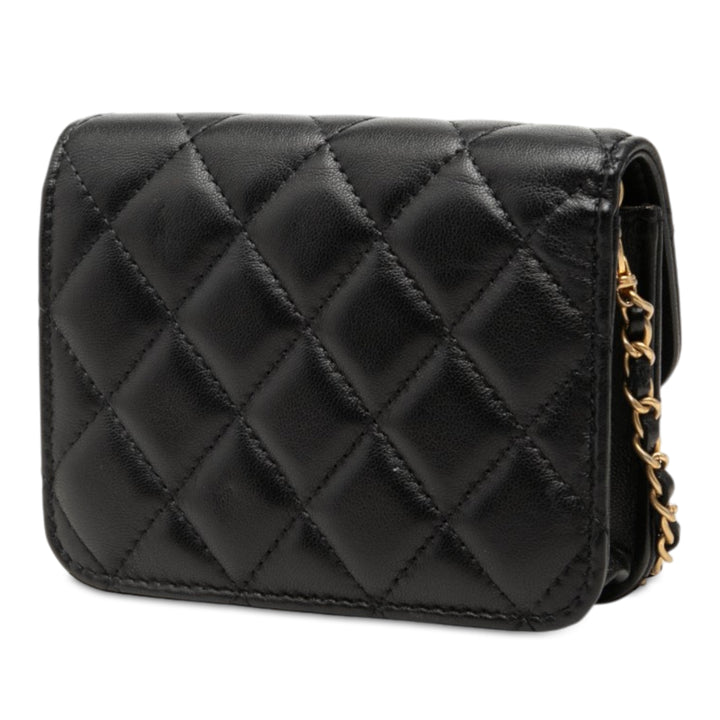 CC Matelassé Perle Crush Pochette avec chaîne Mini Cuir d'agneau Noir