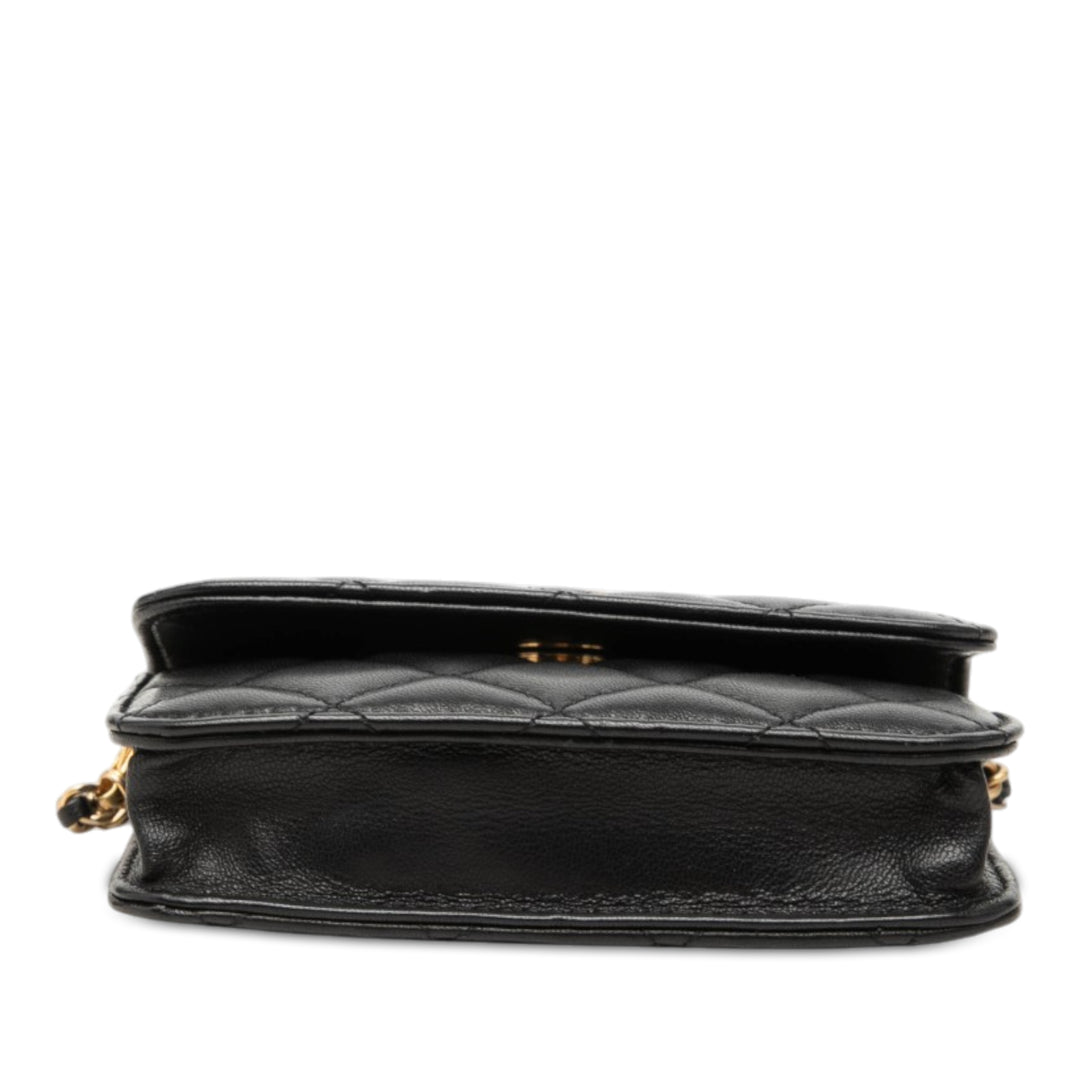 CC Matelassé Perle Crush Pochette avec chaîne Mini Cuir d'agneau Noir