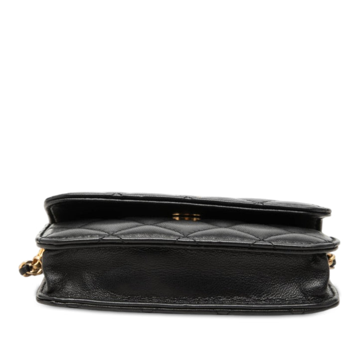 CC Matelassé Perle Crush Pochette avec chaîne Mini Cuir d'agneau Noir