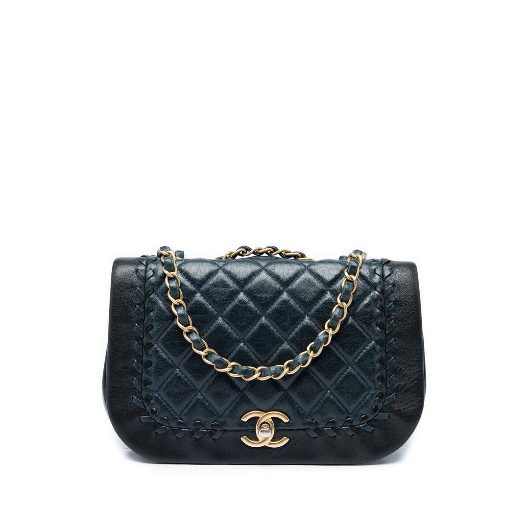 Chanel CC Matelassé Bicolore Braided Saddle à rabat Petit Cuir d'agneau Noir