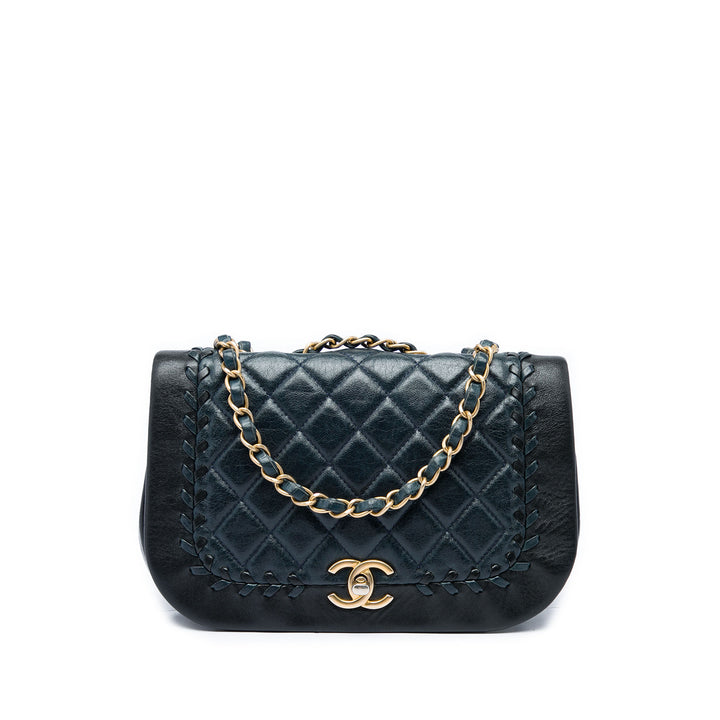 Chanel CC Matelassé Bicolore Braided Saddle à rabat Petit Cuir d'agneau Noir