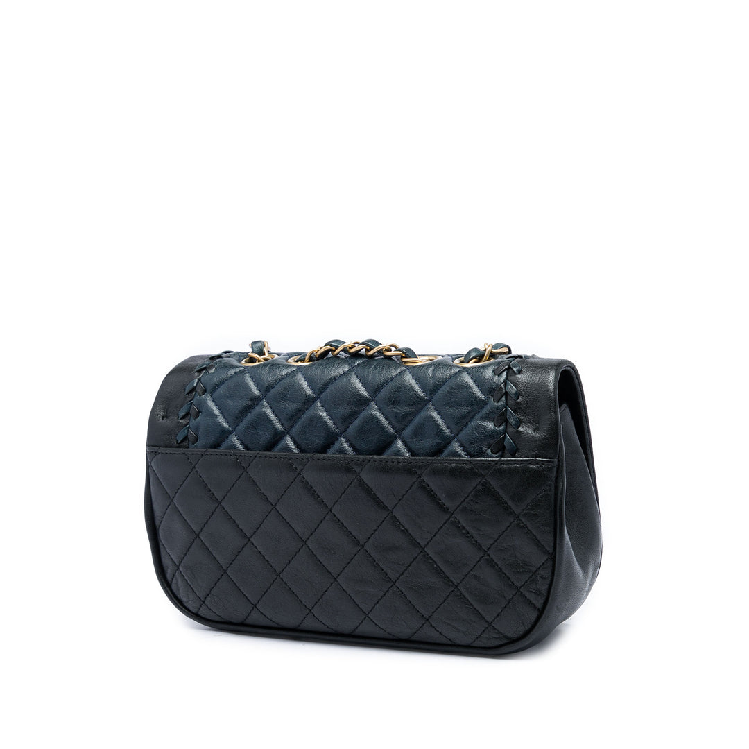 Chanel CC Matelassé Bicolore Braided Saddle à rabat Petit Cuir d'agneau Noir