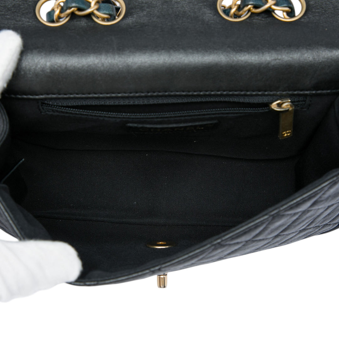 Chanel CC Matelassé Bicolore Braided Saddle à rabat Petit Cuir d'agneau Noir