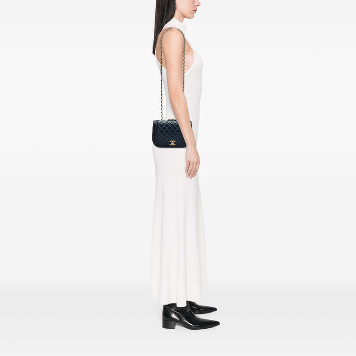 Chanel CC Matelassé Bicolore Braided Saddle à rabat Petit Cuir d'agneau Noir