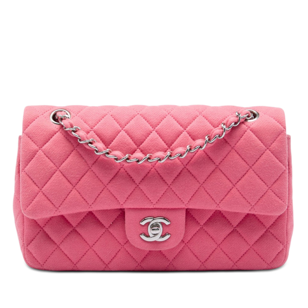 Chanel Sac porté épaule Classic Jersey Double rabat Moyen Rose – vue principale – GABY PARIS