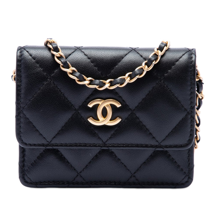 Chanel Matelassé Cuir d’agneau Romance Card Holder On Chain