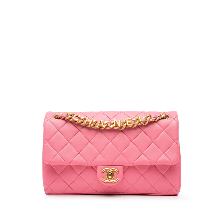 Medium Quilted Lambskin Logo Letters Chanel Touch Chain Flap Pink - Gaby Paris