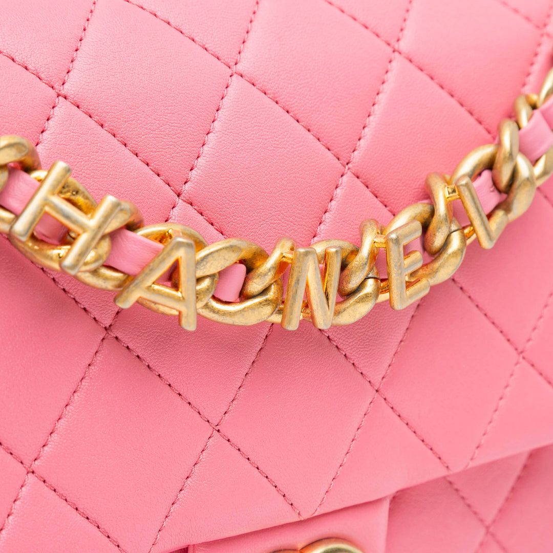 Medium Quilted Lambskin Logo Letters Chanel Touch Chain Flap Pink - Gaby Paris