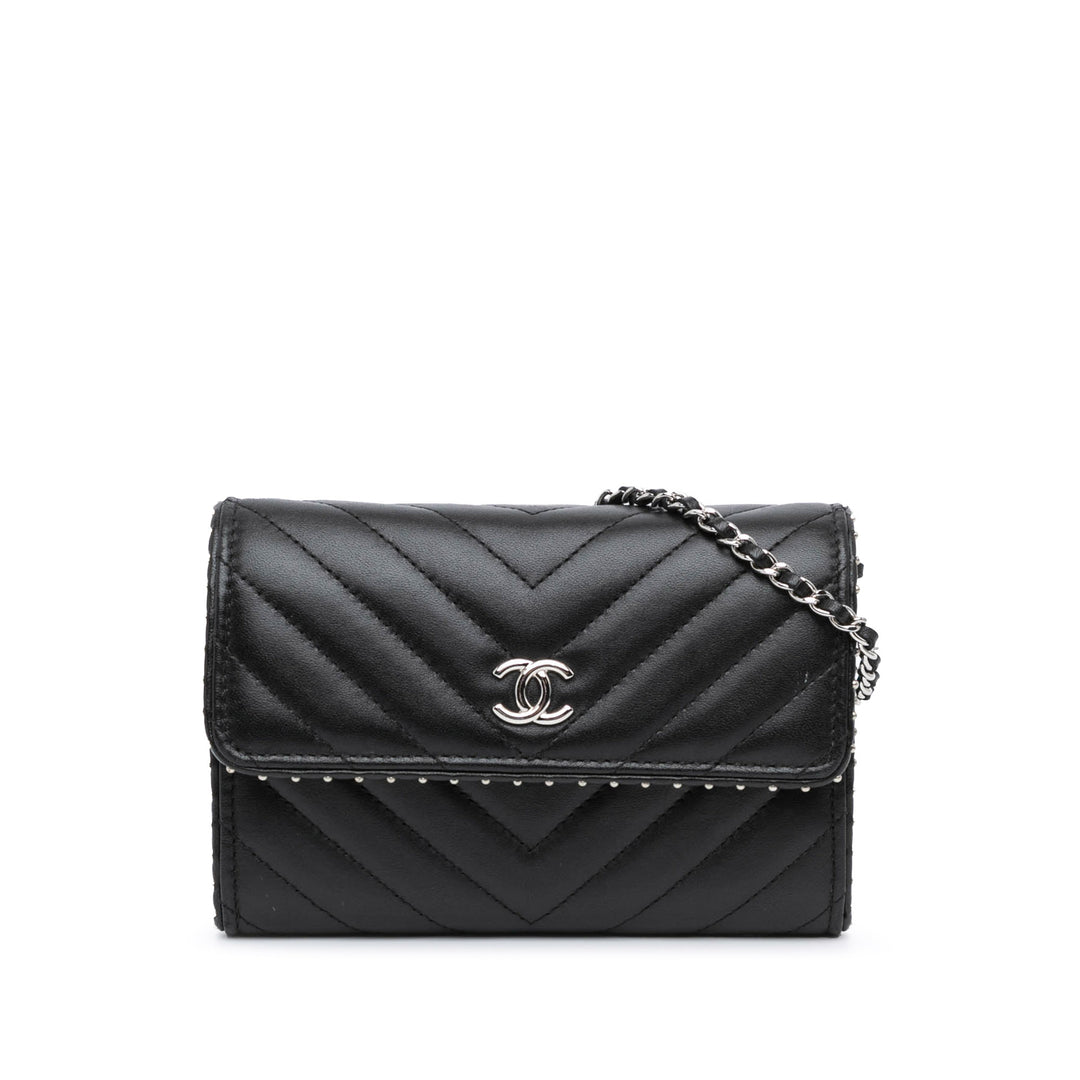 CC Chevron Lambskin Studded Wallet On Chain Black - Gaby Paris