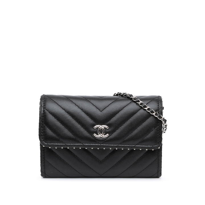 CC Chevron Lambskin Studded Wallet On Chain Black - Gaby Paris