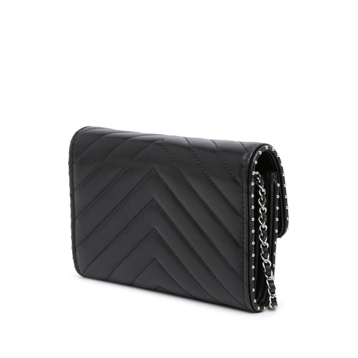 CC Chevron Lambskin Studded Wallet On Chain Black - Gaby Paris