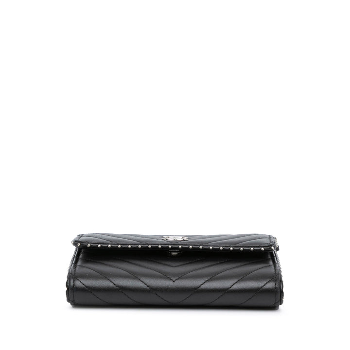 CC Chevron Lambskin Studded Wallet On Chain Black - Gaby Paris