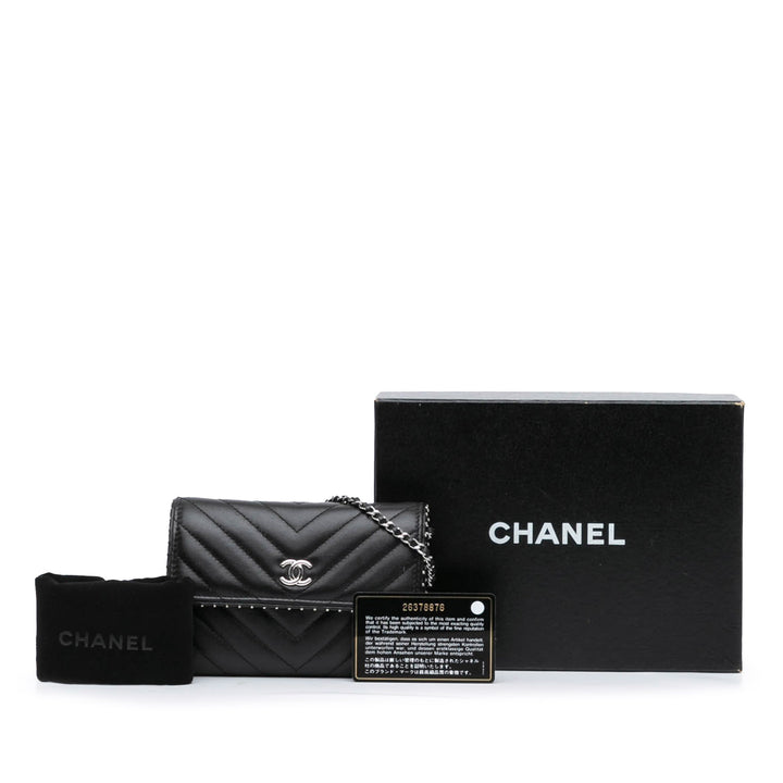 CC Chevron Lambskin Studded Wallet On Chain Black - Gaby Paris