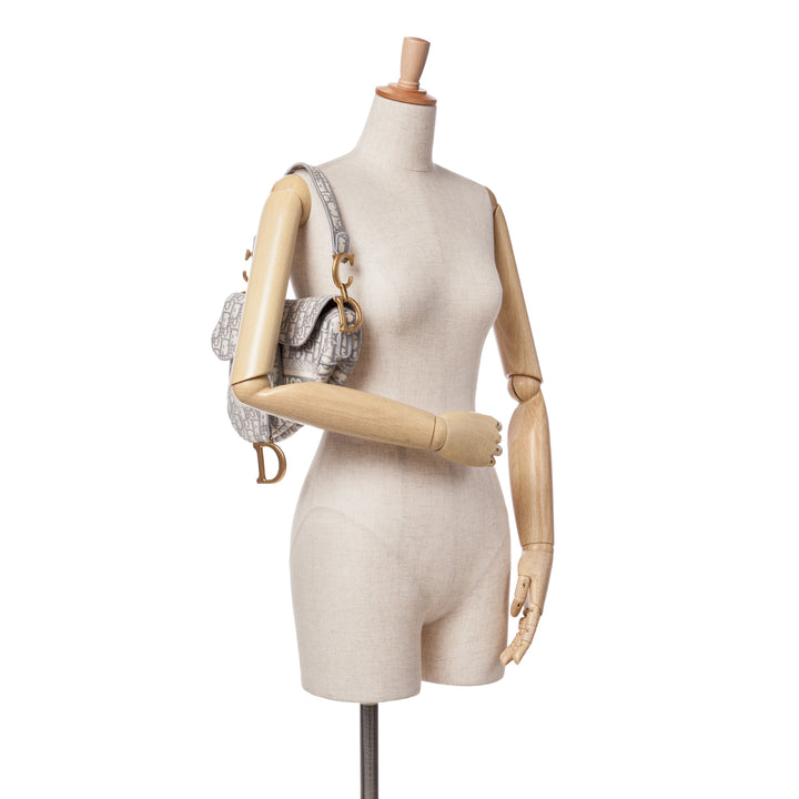 Oblique Embroidered Canvas Saddle Bag Gray - Gaby Paris