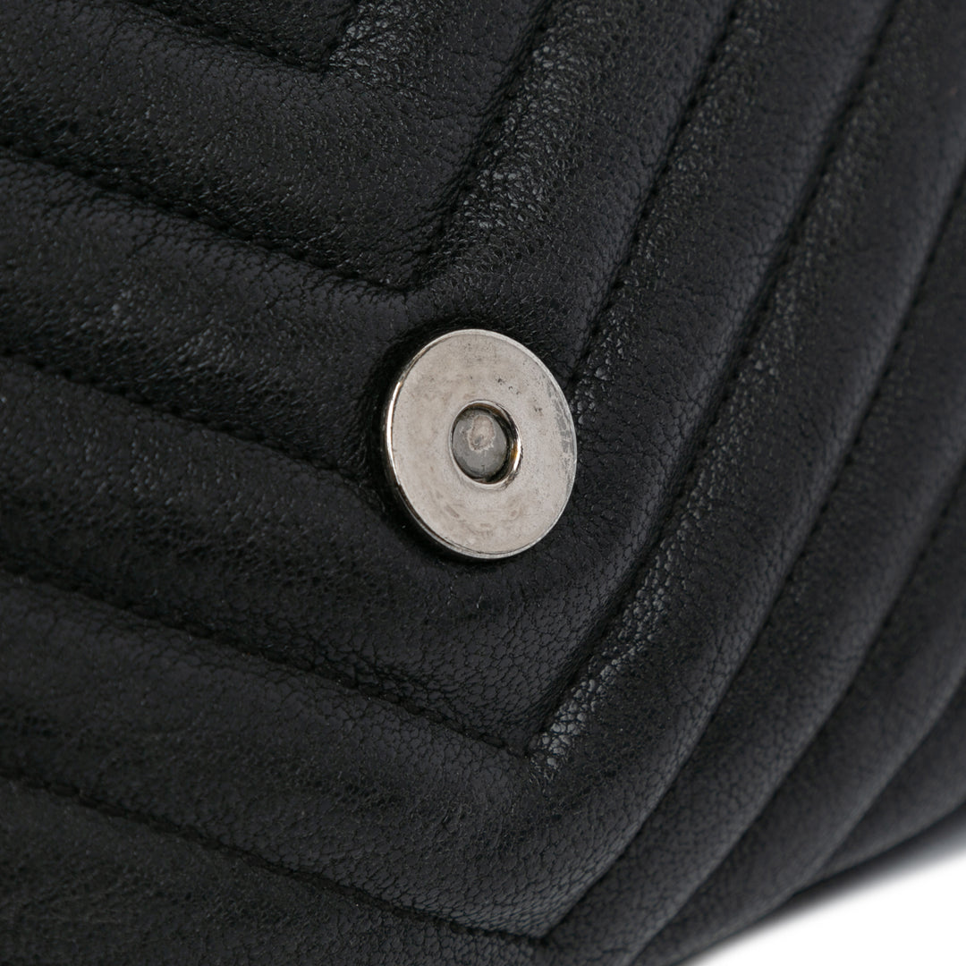 Medium Quilted Chevron Sheepskin College Satchel Black - Gaby Paris