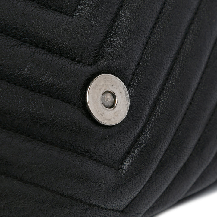 Medium Quilted Chevron Sheepskin College Satchel Black - Gaby Paris