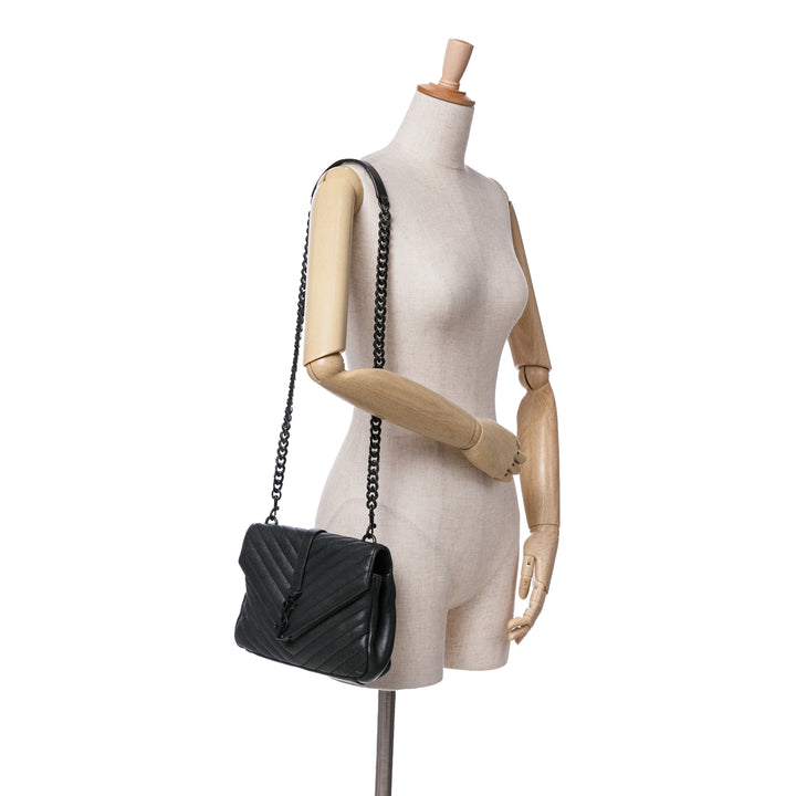 Medium Quilted Chevron Sheepskin College Satchel Black - Gaby Paris