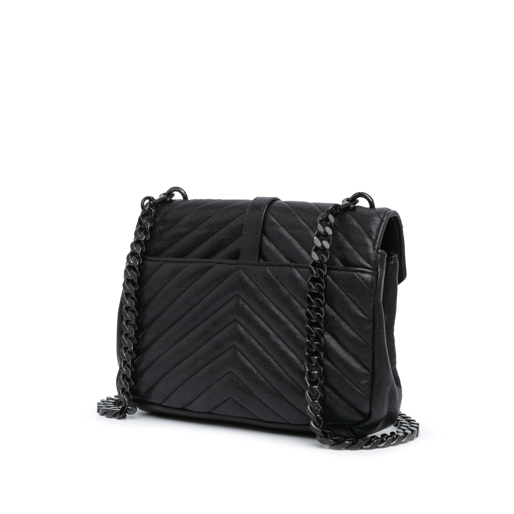 Medium Quilted Chevron Sheepskin College Satchel Black - Gaby Paris