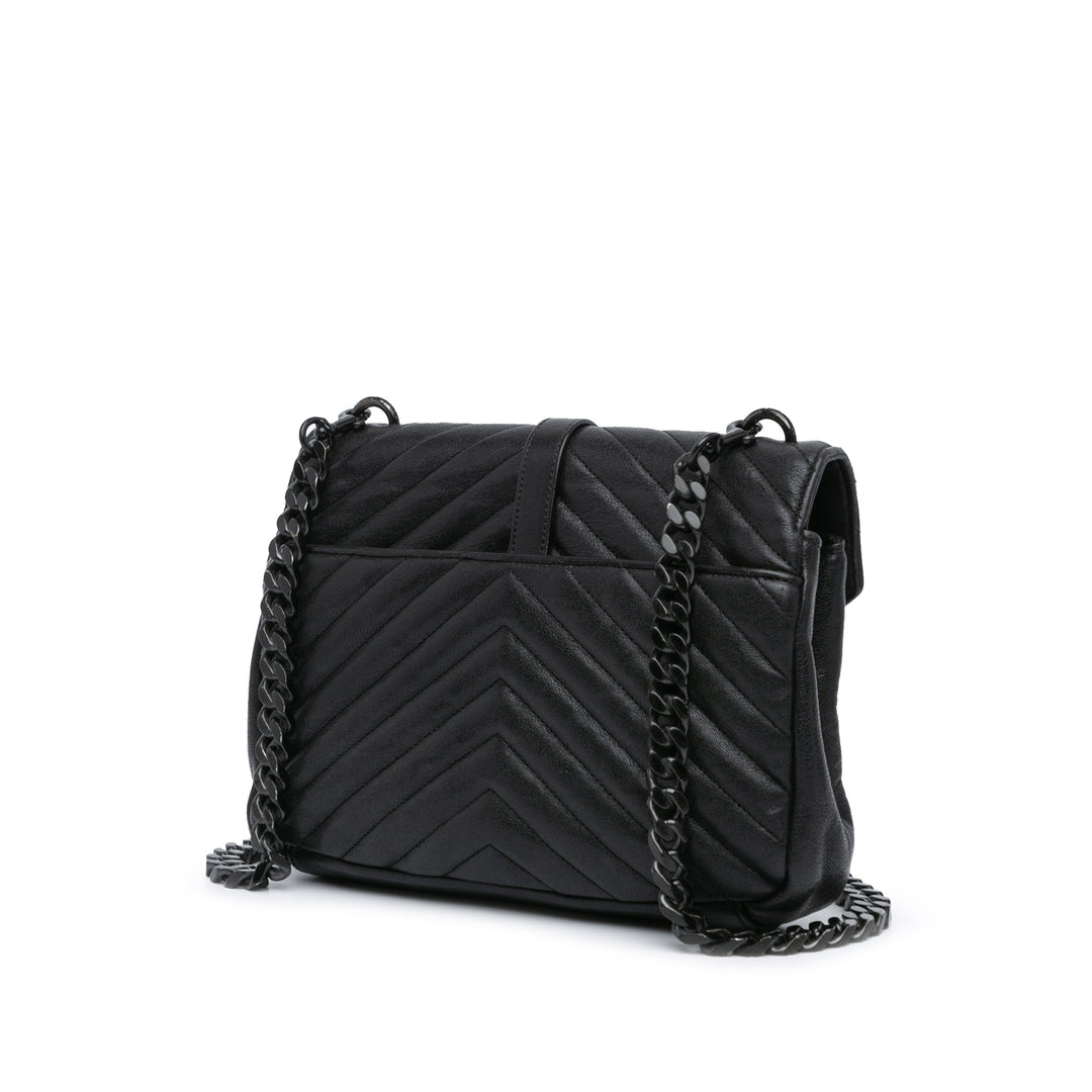 Medium Quilted Chevron Sheepskin College Satchel Black - Gaby Paris
